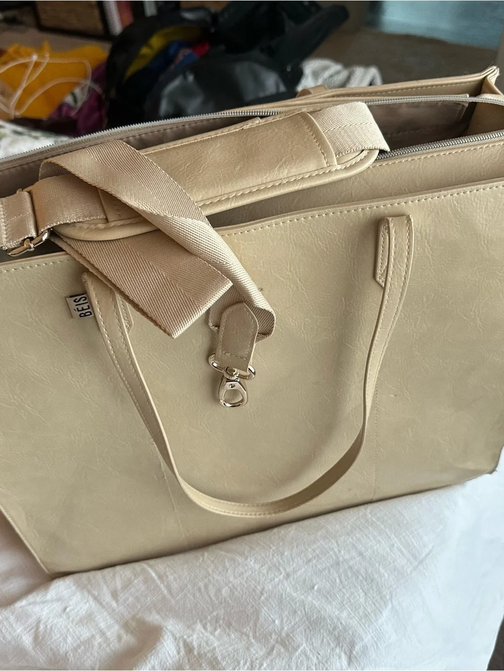 BEIS Beige Leather Laptop Tote